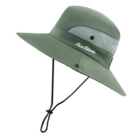 PIGBENGO Women Sun Hat UV Protection Bucket Wide Brim Summer Beach Boonie Hat Quick Dry Outdoor Fishing Cap (B-Green)