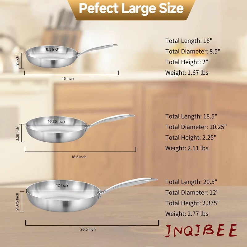 Inqibee 8.5-10-12 Inch Tri-Ply Stainless Steel Frying Pan Set with