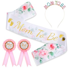 4pcs Mom to Be Sash Party Decorations, 1 Satin Mommy to Be Sash, 2 Mom and Dad toBe Pins Badge, 1 Hair Band with Rhinestones, Pink Wildflower Baby Shower Decorations for Pregnant Mommy Gift