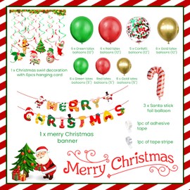 WedDecor Merry Christmas Banner, Santa Claus Snowman Jingle Bell Red Green Confetti Latex Balloons, Santa Stick Foil Balloons, Xmas Swirl, New Year Indoor Outdoor Party Decoration Set