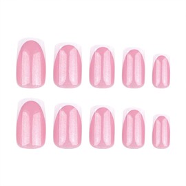 French Tip False Nails - 24PCS Glitter Pink Press on Nails - Square Medium Length False Nails with Glue - Glossy Full Cover Glue on Nails DIY Nail Art Long Lasting Gifts for Women