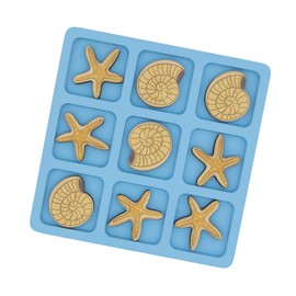 WOOBLI Beach Tic Tac Toe Game – Coastal Wooden Board Game with Sea Star vs Nautilus Shell Pieces, Beach House Coffee Table Decor, Classic Two-Player Game, 8.63-Inch Tic Tac Toe with Easel