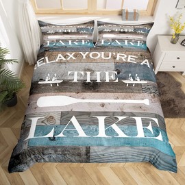 Homewish,Lake House Duvet Cover Set Rustic Size Blue Grey Retro Wooden Comter Cover 3pcs Kids Adults Men Teens Bedroom Decor,Lake Life White Cabin Quilt Cover,2 Pillowcases