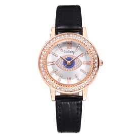 Silverora Women's Leather Watches: Retro Boho Evil Eye Analogue Quartz Wrist Watch Shiny Zircon Rhinestone Watch with Dot Bar Scale Gifts for Women, black, Strap.