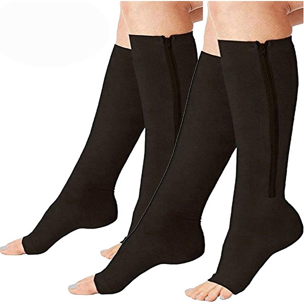 2 Pairs Compression Socks Toe Open Leg Support Stocking Knee High Socks with Zipper (Black, S/M) â¦