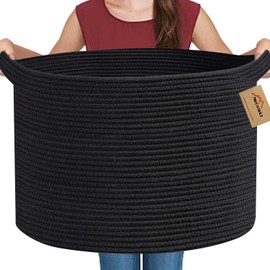 MEGASKET Large Black Blanket Basket, 22" X 22" X 14" Woven Rope Bin for Storage, Kids Dog Toy Storage Box Organizer Bins, Blanket Holder for Living Room, Decorative Wicker Basket for Organizing