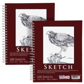 U.S. Art Supply 9"x12" Sketch Book Pad, 2 Pack (100 Sheets Each), 60lb (100gsm) Spiral Bound - Sketching, Drawing Pad, Acid-Free Paper - Sketch Pads for Adults, Students: Colored Pencils, Charcoal