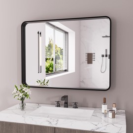 JISOSO Black Bathroom Mirror, 40x30 Inch Rounded Rectangle Matte Framed Wall Mounted Mirror, Bathroom Vanity Mirror, Tempered Glass, Anti-Rust, Horizontal/Vertical