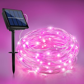 Einiiya 100 LED Pink Solar String Lights Outdoor Waterproof, 33FT Solar Lights for Outside with 8 Lighting Modes, Pink Solar Fairy Light for Wedding Valentines Party Decorations