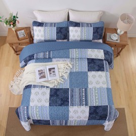 Dintszyayue Blue Patchwork Quilt Set Queen Size,3 Pieces Boho Bedspread Coverlet Set Plaid Bohemian Quilt Bedding Set Reversible Bed Cover Soft Lightweight Coverlet Set (Queen,96"x90")