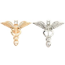 hanreshe Caduceus Brooch Pins 2 Pieces Medical Jewelry Gift for Doctor/Nurse/Medical Student Rod Of Asclepius Emergency Crystal Brooch Silver Gold Color (Wing Brooch)