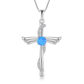 RGEMCY Angel Wings Blue Opal Cross Necklace for Women 925 Sterling Silver Cubic Zirconia Cross Necklaces Christian Religious Faith Easter Necklaces Jewelry for Women Wife Mother Sister