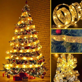 floenam Christmas Tree Ribbon Decorations, 32ft 100 LED Ribbon Lights with 2 Lighting Modes, Xmas Holiday Christmas Tree Decor, Gold Christmas Tree Ribbon Lights (Battery Powered)