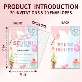 Sweet Sassy And Seven Birthday Invitation Cards, Ice-Cream & Dessert Double-Sided Fill In Style Birthday Invites With Envelopes, 7 Years Old Invitations For Girls, Teen, Party Favor & Supplies - A11