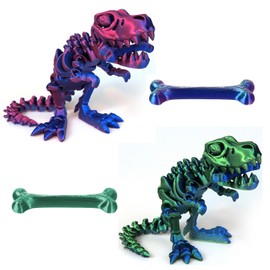 QSLWcos 3D Printed Dinosaur with Bones 2Pcs Fidget Full Articulated T Rex Skeletons for Autism/ADHD Poseable Dinosaur Bones Figures Home Office Decor for Adult Stress Relief (Purple+Green)