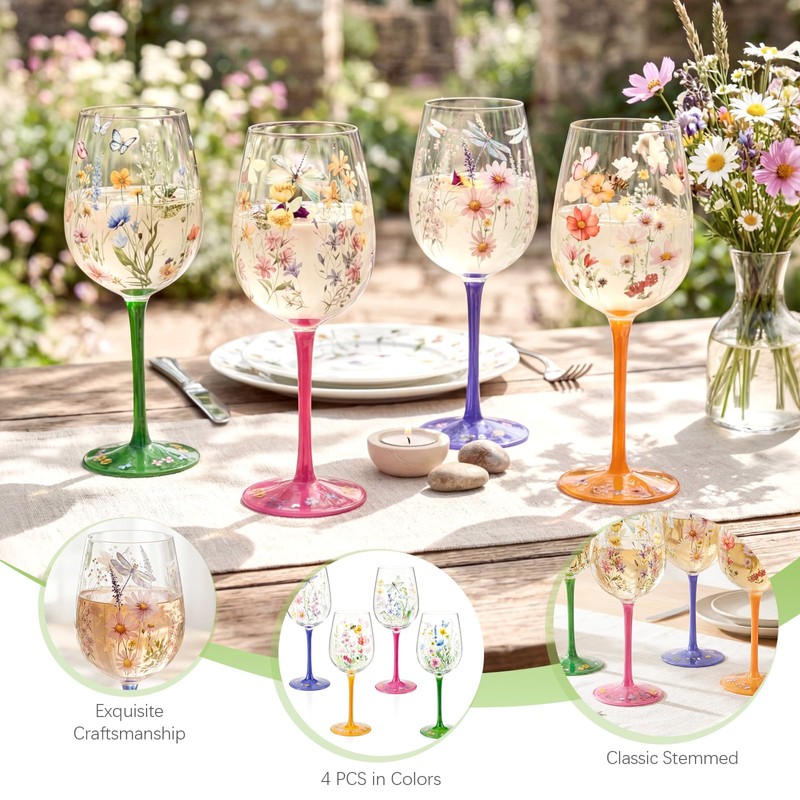 Nuogo 4 PCS Wild Flower Wine Glasses - 15 oz