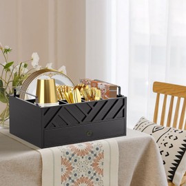 Paper Plate Dispenser with Drawer for Kitchen Countertop, Wooden Paper Plate Holder with Large Cup Holder, Rustic Wood Silverware Caddy Holder for Cutlery, Paper Plate Organizer (Black with engraving)