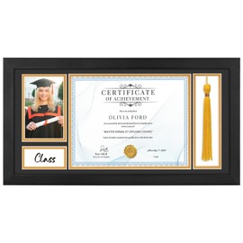 TWING 10x20 Certificate Frame for Diploma Tassel and Photo with Solid Wood & Acrylic, Fits 8.5x11 Certificate, 5x7 Picture for Award College Degree Document Black Over Gold Double Mat