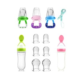 Food Feeder Baby Fruit Feeder Pacifier (3 Pcs) with 6 Different Sized Silicone Pacifiers 2 PCS Silicone Baby Food Dispensing Spoon 90ML with 2 Baby Spoons Pacifier Clip Infant Fruit Teething Toy-Pink