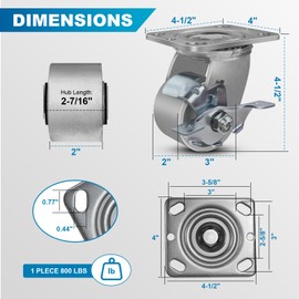 FOVERSWIVE 3"x2" Industrial Casters- Heavy Duty Casters,Cast Iron Wheel,Steel Casters Set of 4 Capacity up to 3200 Lb. Use for Platform Truck, U-Boat Cart,Workbenches(2 Brake & 2 Swivel)