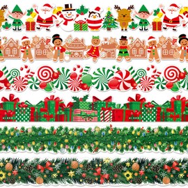 Seajan 6 Pcs 197 ft Christmas Bulletin Board Borders Decorations Border Trim Decor Santa Snowman Gingerbread Elf Elk Candy Gifts Pine Leaves for Christmas Home Office Windows Blackboard