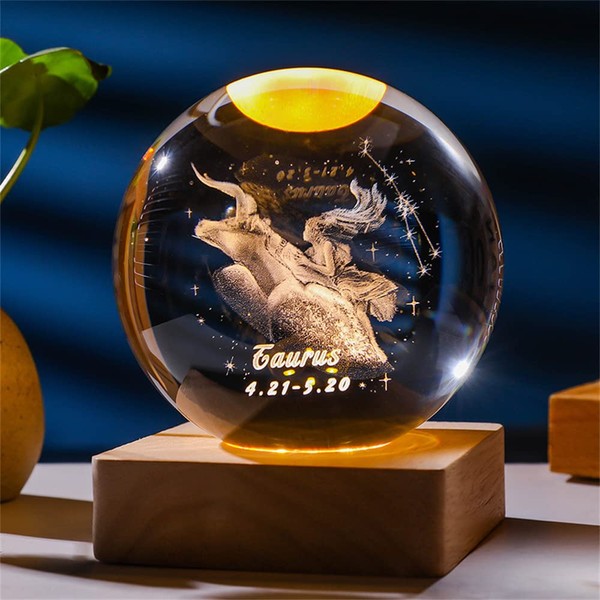Besot Laser Engraved Zodiac Sign Miniature Crystal Ball 3D Decoration Handmade Crystal Ball Glass Ball Accessories Home Decoration Gift (80mm, Bull)