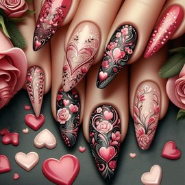 Valentines Press on Nails Long Almond Fake Nails with Hearts Design Pink Red Love Shape False Nails Heart Floral Valentines Nails Full Cover Acrylic Glue on Nails Winter Stick on Nails for Women 24Pcs