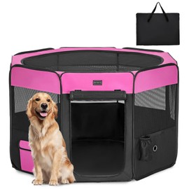 PETSFIT Dog Playpen, 45.5" Dia Pop Up Foldable Large Dog Kennel Indoor Outdoor Travel Portable Pet Playpen with Carring Case Zipper Removable Mesh Top Cover and Leakproof Playpen Bottom Mat Pink L