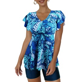 ECUPPER Women Short Sleeve Tankini Swim Dress Ruffled Flowy Skirt Swimsuits Tummy Control Two Piece Bathing Suits with Shorts Blue Leaf X-Large