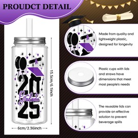 Vesici 24 Pcs Graduation Plastic Cups with Lid and Straws 13.5 oz 2025 Graduate Tumblers Graduation Gifts Drinking Cups with Decorative Bows for Class of 2025 Party Favors Decorations(Purple)