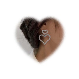 W WEILIRIAN Boho Large Crystal Heart Earrings for Women Rhinestone Heart Dangle Earrings Big Hollow Heart Drop Earrings Silver Cz Heart Earrings Statement Heart Earrings Jewelry for Girls (Silver)