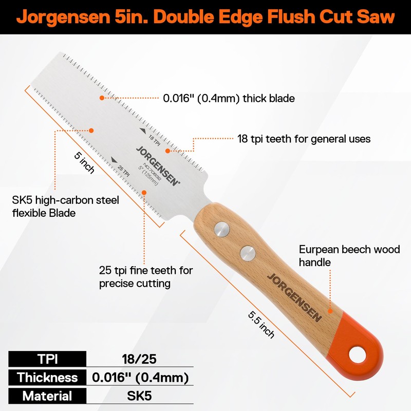 Jorgensen 5in. Double Edge Flush Cut Saw w/Wood Handle