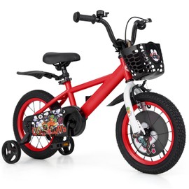 BABY JOY Sporty Kids Bike, 14 Inch Child Bike for 3-5 Years Old w/Adjustable Height, Training Wheels, Storage Basket, Handbrake Coaster Brake, Kids Bicycle for Girls Boys (Red)
