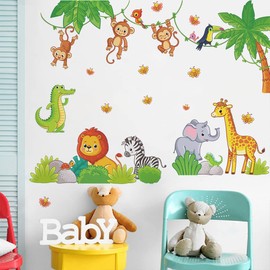 Jungle Nursery Decor Trees Monkey Climbing Safari Wall Decals Giraffe Lion Zebra Crocodile Vinyl Wall Stickers for Kids Boys Girls Bedroom Daycare Classroom Playroom and Kids Room Wall Decor