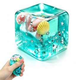 Ocean Squishy Ice Cube Fidget Toy,Soft Slow Rising Squishy Cube Squeeze Toy with Seashells and Glitter,Ice Cubes Stress Balls for Relieving Anxiety,Office,School & Party Favors