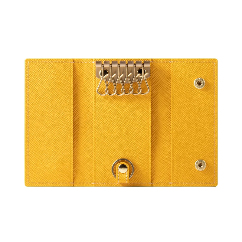 HANATORA Genuine Leather Key Case, Trifold, 2 Buttons, 6 Hooks,