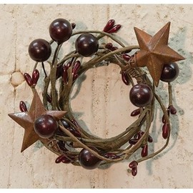 3 Pack | Burgundy Berry Ring with Rusty Stars | Prim Taper Candle Rings | 5 inch with 1.5 Center