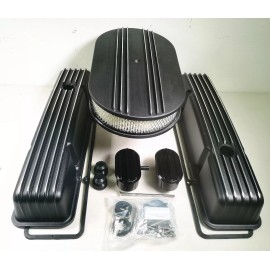 Rodspeedracing 58-86 SBC Chevy Finned Short Valve Covers+Gasket +12" Air Cleaner/Breath