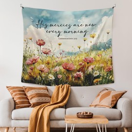 XLDLIOO Floral Christian Wall Tapestry, His Mercies Are New Every Morning Bible Verse Wall Tapestry Hanging for Bedroom, Colorful Wildflower Tapestries Decor Art for Home Living Room Church, 50x60in