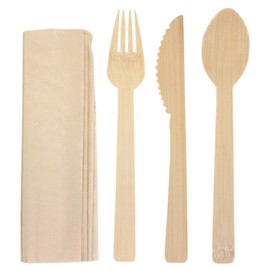 Natural Dinner Party Catering Bamboo Veneer Utensil 4pc Set - Spoon, Fork, Knife, Napkin - Bagged - 100 Sets