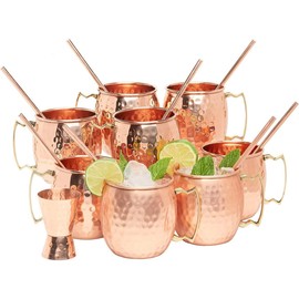 Kitchen Science Moscow Mule Copper Mugs Set of 12 (16oz) w/ 12 Straws & 2 Jiggers | 100% Pure Copper Cups, Tarnish-Resistant Food Grade Lacquered Finish, Ergonomic Handle (No Rivet) (4 - Set of 12)