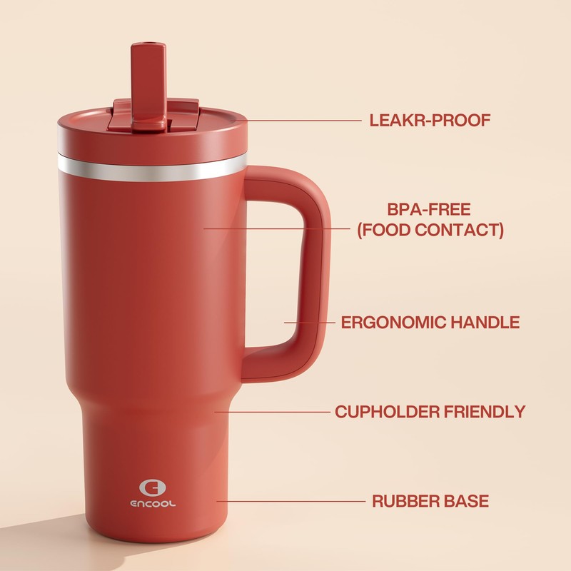 ENCOOL 32 oz Tumbler with Handle and Straw: Stainless Steel