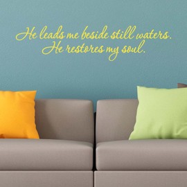 He Leads Me Beside Still Waters He Restores My Souls Vinyl Wall Decal | Christian Wall Decal | Yellow