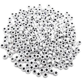 500PCS 4x7mm Acrylic Star Beads for Friendship Bracelets Jewelry Making, White Round Flat Acrylic with Black Pentastar Beads for DIY Crafts Bracelets Necklaces Key Chains Phone Lanyard