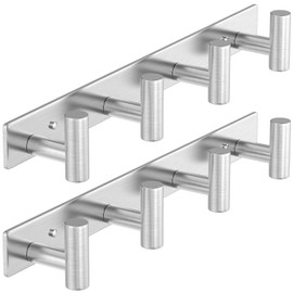 HUFEEOH 2 Pack Coat Rack Wall Mount, Stainless Steel T Shaped 4 Hooks Coat Hooks for Bathroom, Heavy Duty Wall Hooks Towel Hooks for Hanging, Silver Towel Rack Purse Hanger for Mudroom Entryway