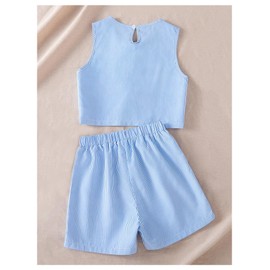 Verdusa Girl's 2 Piece Striped Outfits Cute Bowknot Tank Tops with Shorts Summer Clothing Set Blue 9 Years