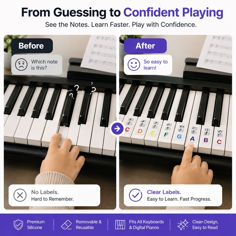 Silicone Piano Keyboard Note Labels for Beginners – Reusable Removable