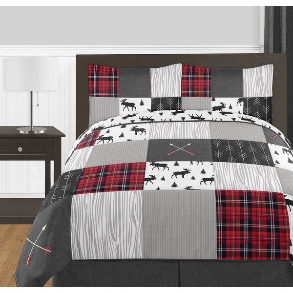 Sweet Jojo Designs Grey, Black and Red Woodland Plaid and Arrow Rustic Patch Boy Full/Queen Kid Teen Bedding Comforter Set 3 Pieces - Flannel Moose Gray
