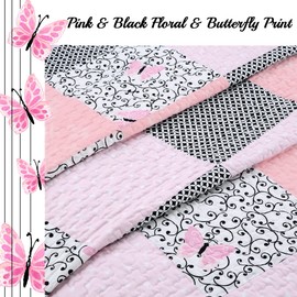 Cozy Line Home Fashions 100% Cotton Real Patchwork Floral Butterfly Shabby Chic Girly Reversible Quilt Bedding Set, Coverlet Bedspread (Black Pink, Queen - 3 Piece)