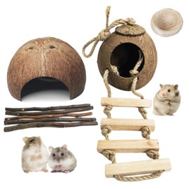 kathson 8PCS Natural Coconut Hut Hamster Hiding House Pet Cave Small Animal Cage Habitat Decor Hanging Hamster Toys with Ladder for Gerbils Hermit Crabs Dwarf Lizards